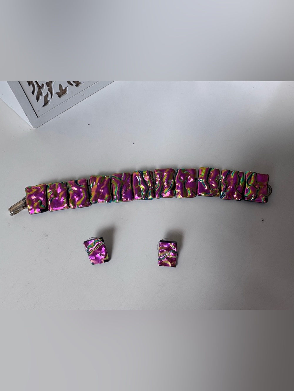 Iridescent Pink Tile Bracelet and Earring Set - Women Accessories
